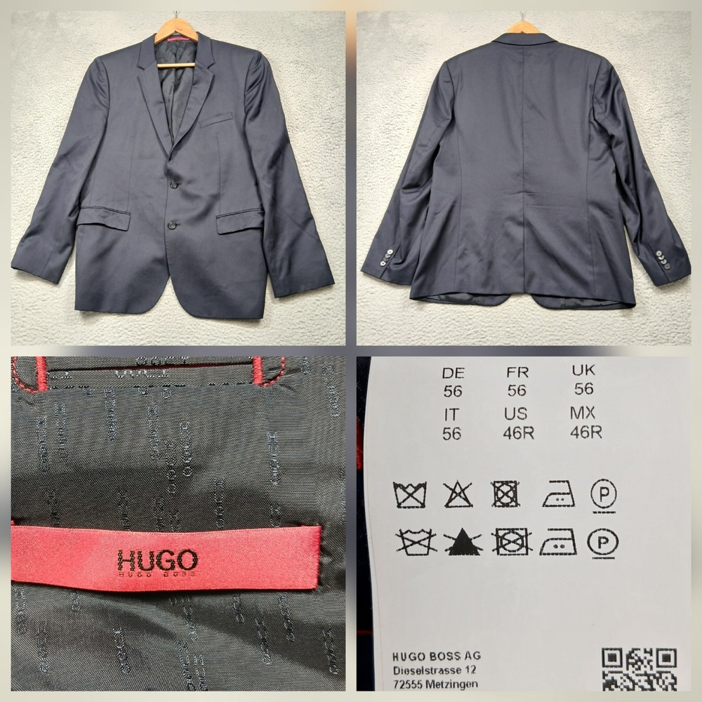 Hugo Boss Wool Blazer Mens 46R Navy Two Button Tailored Sport Coat